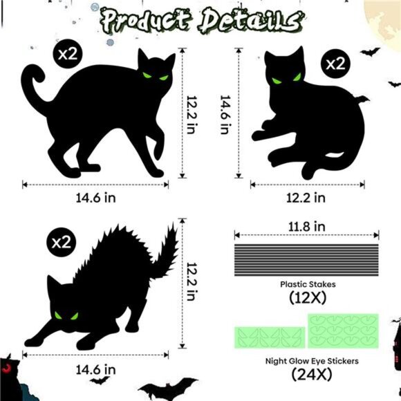 Halloween Black Cat Yard Decorations Glow in Dark Eyes Outdoor Scary Party Decor - Picture 3 of 8